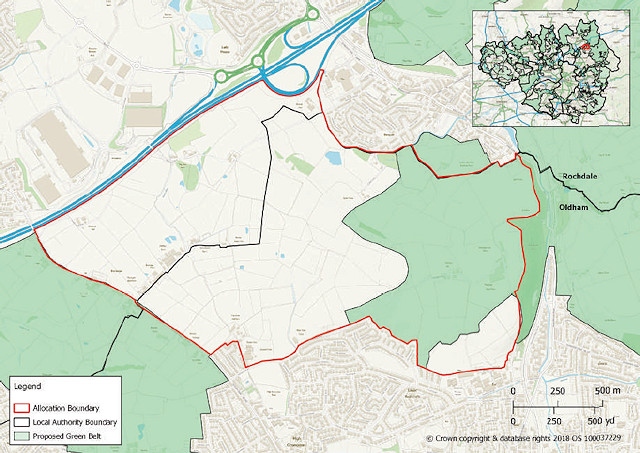 GMA3 site (bordered in red) at Kingsway South, land south of the M62 near J21 and extending into Oldham