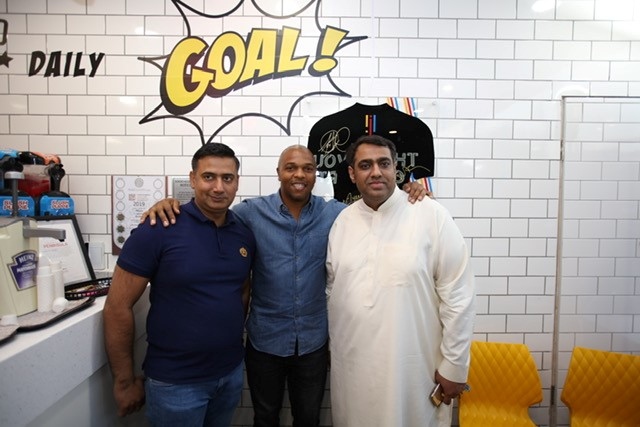 Players owner Shazad Ahmed with Quinton Fortune and friend, Khurram Baig
