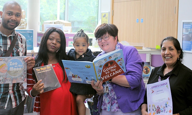 Councillor Janet Emsley (2nd r), cabinet member for libraries, at the launch of the 2019 Summer Reading Challenge