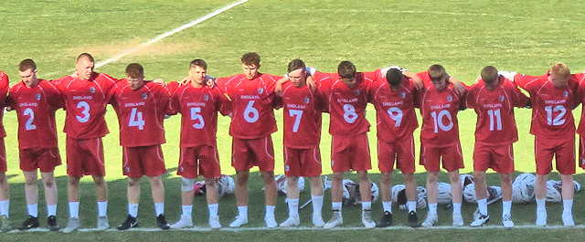 Tom Teal (no.2 in goal), Daniel Madeley (no. 4), Alex Halliday (no. 12) before the match against Ireland, LAX U20s European Championships 