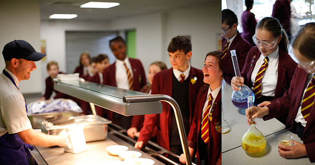 Siddal Moor students in canteen; in a science class