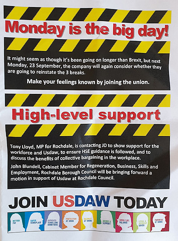 A leaflet handed out to JD Sport warehouse workers by Usdaw