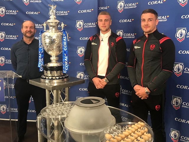 Former Mayfield players Jack Ashworth and Matty Lees at a Coral Challenge Cup draw