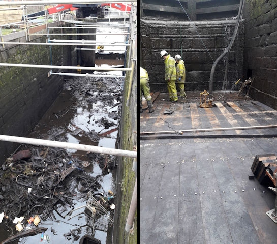 Before (left) and after (right) pictures of winter works at Lock 49 on the Rochdale Canal, near Rochdale town centre.