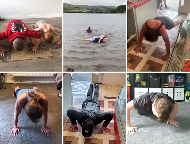 Darren and Stephen in Hollingworth Lake and some of their customers supporting the '25 press-ups for 25 days' challenge