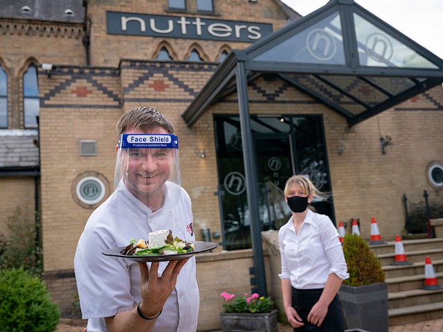 Andrew Nutter with sommelier Helen Whittaker at Nutters Restaurant in Norden which has reopened with new safety measures in place and an improved layout to help with social distancing.
