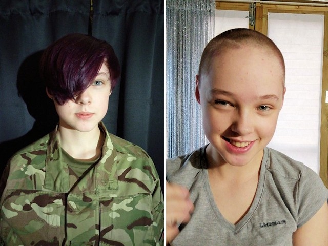Lucy Feighery before and after shaving her hair off
