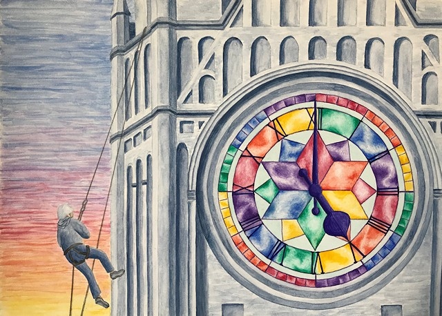 The entry from Janae Ramirez is a painting of her husband abseiling down Rochdale town hall clock tower