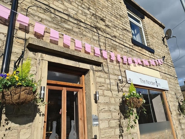 Pink bunting outside the Norden Inn