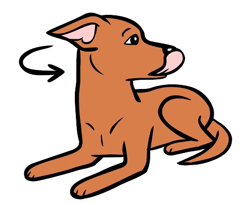 A cartoon image of a brown dog turning its head and licking its nose; it is anxious