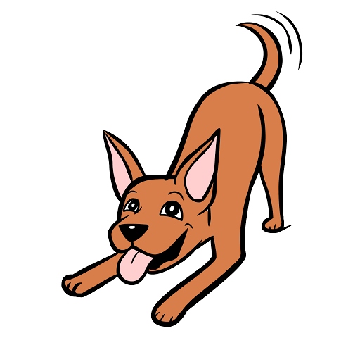 A cartoon image of a happy brown dog wagging its tail with its bottom raised