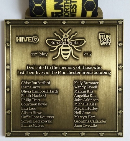Hive22 running club is hosting the Run2Remember event 2021 in memory of those killed in the Manchester Arena bombing (pictured: the Run2Remember medal)