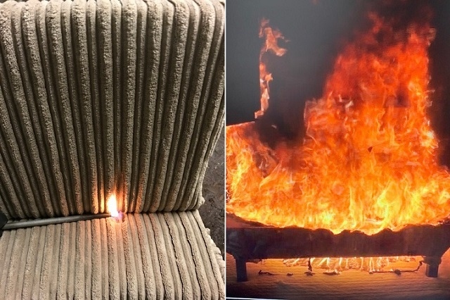 A sofa that has not had a flame retardant treatment and has been subjected to a small flame (right) vs a flame-retardant fabric, resisting ignition from a small source of flame