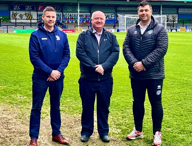 HMR Circle Director Mark Wynn (centre) recently met with Chris Tomlinson, Business Development Director at the Rochdale Hornets Sporting Foundation and Ryan Bradley, Community Director at the Rochdale AFC Community Trust 