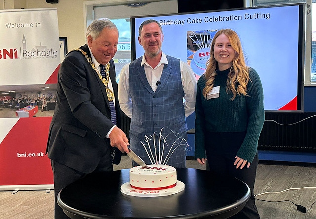 BNI celebrates turning one with the Mayor of Rochdale cutting the cake