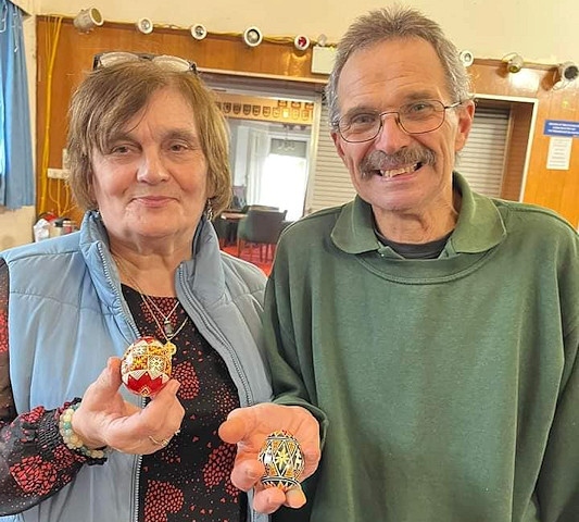 Maria Kopczyk and Peter Duczak from the Ukrainian Youth Association with some completed 'Pysanky'