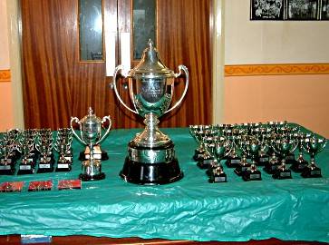 The magnificent Chris Shyne Trophy flanked by the Runners Up Trophy and replicas for the players