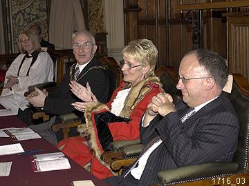 Mayor Cllr Jean Hornby flanked by Deputy Mayor Cllr Peter Evans & Council Chief Exec Roger Ellis