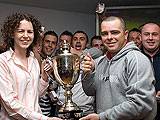 Rochdale Online Finance Director Claire Blanthorn presents the cup to Weavers Arms