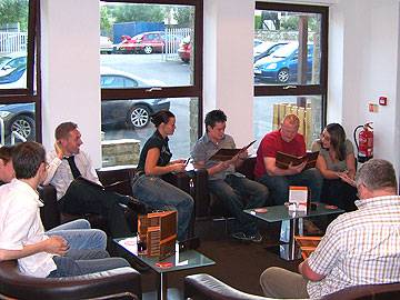 Patrons enjoy pre-dinner drinks in the reception area