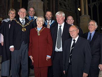 Mayor and Mayoress of Rochdale with MPs Jim Dobbin and Paul Rowen. Chair of Governors David Bartlett (far right) next to Principal Derek O’Toole and Hopwood Hall staff Paul Wimpeney, Ken Livesey and Margaret Kingsford.