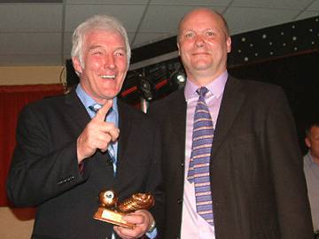 Barry Luker picks up the leading goalscorer (Premier) on behalf of his son D Luker from Jim Matthews