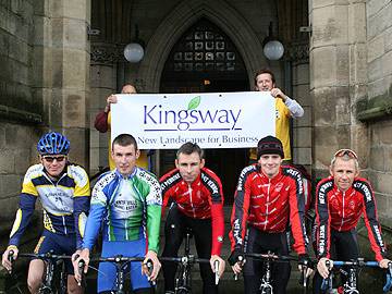 Local cyclists Paul Whatmough, Neil Swithenbank, John Hey, Matthew Wood & Peter Hey outside Rochdale Town Hall