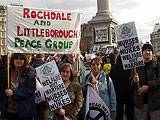 peace group members, Thomas Gilligan, Kate Crawford, Peter Underdown Pauline Devine, and Tom Jones with the new banner in Trafalgar Square.  