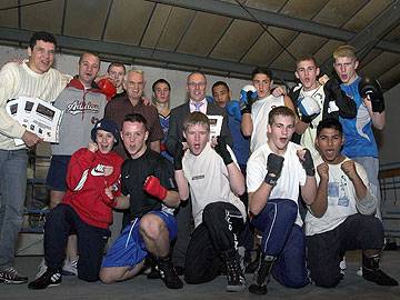 Joey Jacobs, Kevin Taylor, Terry Hernon, Cllr Keith Swift and Gary White with Boxing Club Members