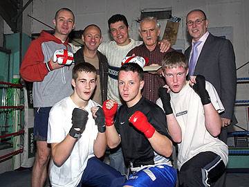 Joey Jacobs, Kevin Taylor, Terry Hernon, Cllr Keith Swift and Gary White with Boxing Club Members