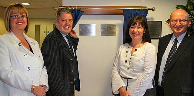 Unveiling the plaques to commemorate the new gardens; Zoe Molyneux (Locality Manager), Councillor Dale Mulgrew, Helen Lilley (Older Peoples Service Manager) and John Schofield (Trust Chairman).