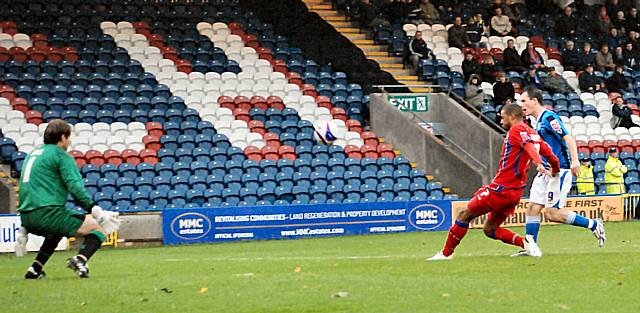 ...but his finish cannoned back off the crossbar.