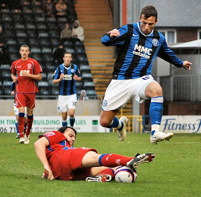 Blackburn gets in a tackle on Adam Le Fondre.