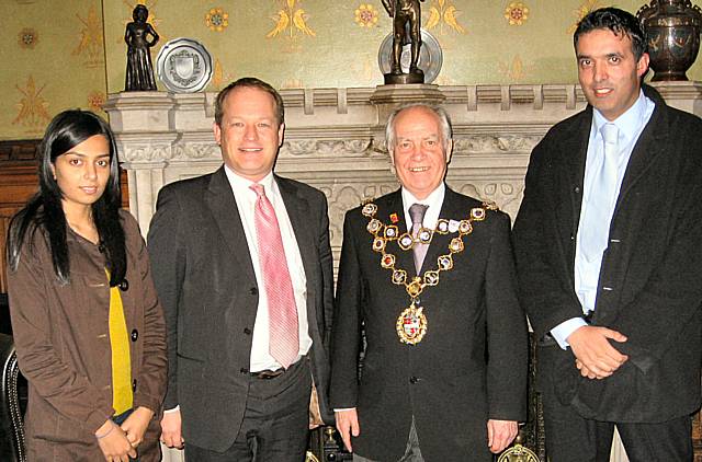 Rochdale's Mayor, Councillor Robin Parker, meets Atifa Shah (left) and Hanief Mohammed (right) from Sport For All, with Rochdale's Labour Parliamentary candidate Simon Danczuk.