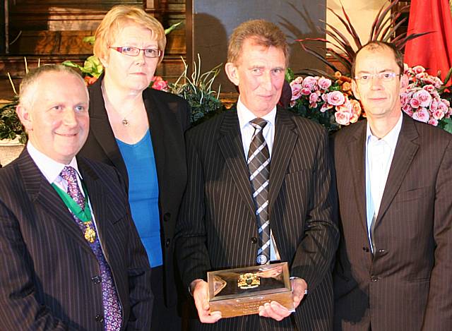 Conservative Party leader Councillor Ashley Dearnley, Deputy Leader of the Council, Irene Davidson, Rochdale AFC Director Graham Morris and Labour Party leader Councillor Colin Lambert.