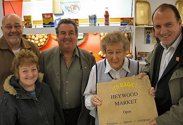 Simon Hughes MP alongside Councillors Peter Rush, Doreen Brophy-Lee, Malcolm Bruce and Heywood stall holder Iris.