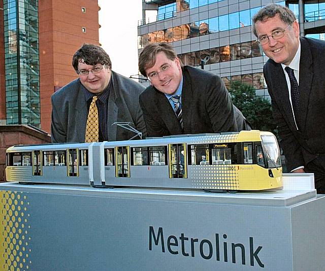 GMPTA Councillors Whitmore, Colledge and Knowles with the new look model tram.