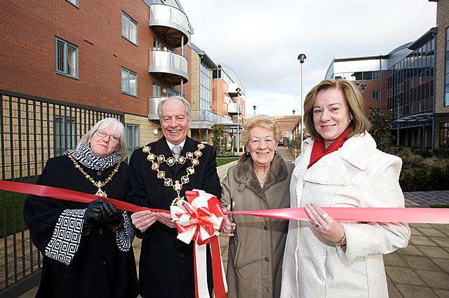 Mayoress and Mayor of Rochdale open Millbeck Gardens with Jane Keegan, director of Bowlee Park Housing, and the first tenant to move in Mary Jepson.