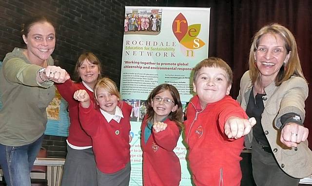 Newhey primary school children celebrate going eco with Councillor Wera Hobhouse (right).