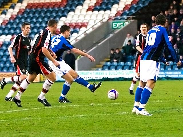 Shaw fires in a shot towards the end of the first half, which travels inches beyond the far upright (Rochdale v Shrewsbury 26-12-08)