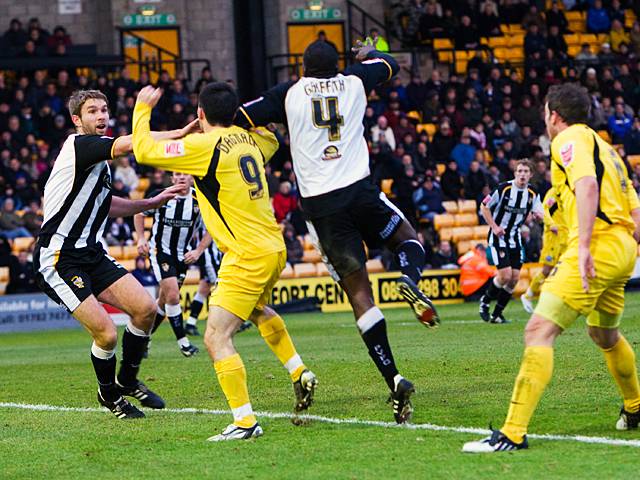 Chris Dagnall and Griffith go up for a header - Port Vale v Rochdale 28-12-08