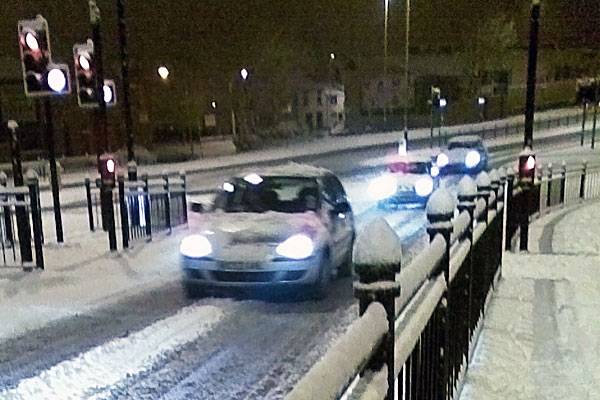 Snow causes difficult driving conditions at Sudden junction at 7.00am