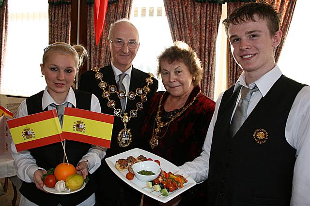 Young Modern Apprentices Liam Bridgeman (16) and Kirsty Dykes (16) from St Anne’s Academy, Middleton welcomed the Mayor and Mayoress to the Spanish Tapas evening at the college restaurant 