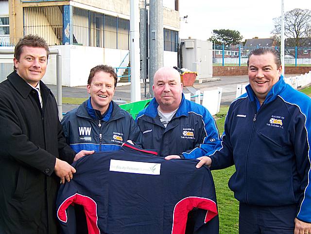 Team sponsor Richard Martin, of The Equity Release Bureau, presents a tracksuit to Success coaching staff Wayne Whitlow, Ged Watson & Phil Crowther 