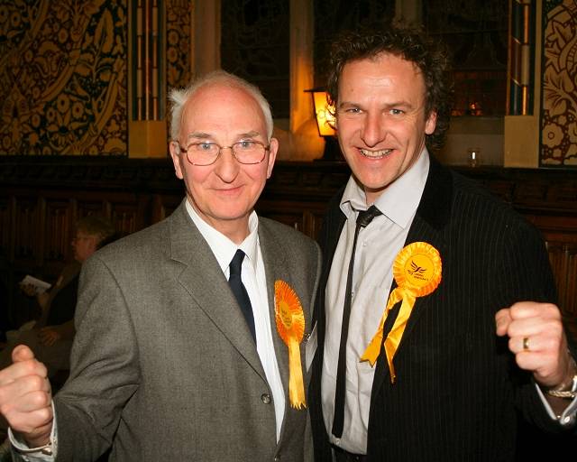 Mayor Peter Evans celebrates victory in Littleborough Lakeside with the Lib Dem Finance Portfolio holder, Greg Couzens