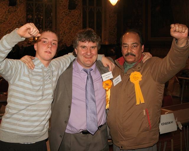 Kingsway winner Lib Dem Councillor David Clayton (centre) with supporters