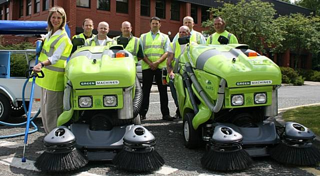 Councillor Wera Hobhouse shows off Rochdale Borough Council’s new ‘green sweep’ arsenal with environmental management staff