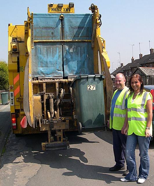 Kayleigh Rush assists a refuse collector on his rounds