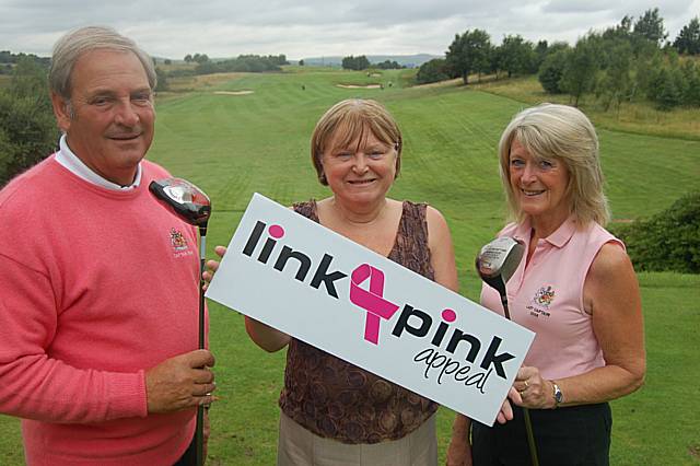 Golf captains John Bodgers and Maureen Nicholls, wearing a hint of pink, are pictured with Jan Bolton (centre), Pennine Acute Trust’s fundraising manager.