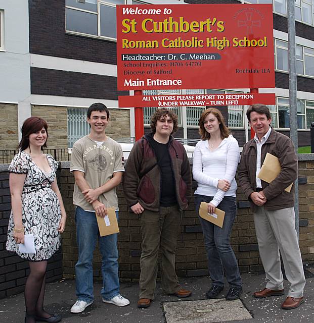 St Cuthbert's top performers Laura Monroe (4 As), Ben Sanderson (3 As, 1C), Tom Gilligan (5 As) and Samantha Porter (1A, 3Bs) with Deputy Head Mike Fitzpatrick.
